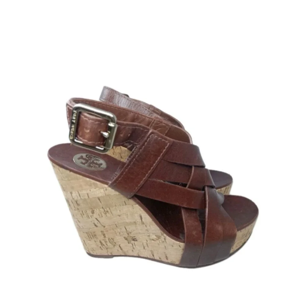 Tory Burch Ace Strappy Wedge Leather Sandals Women's Size 6 Shoes Brown